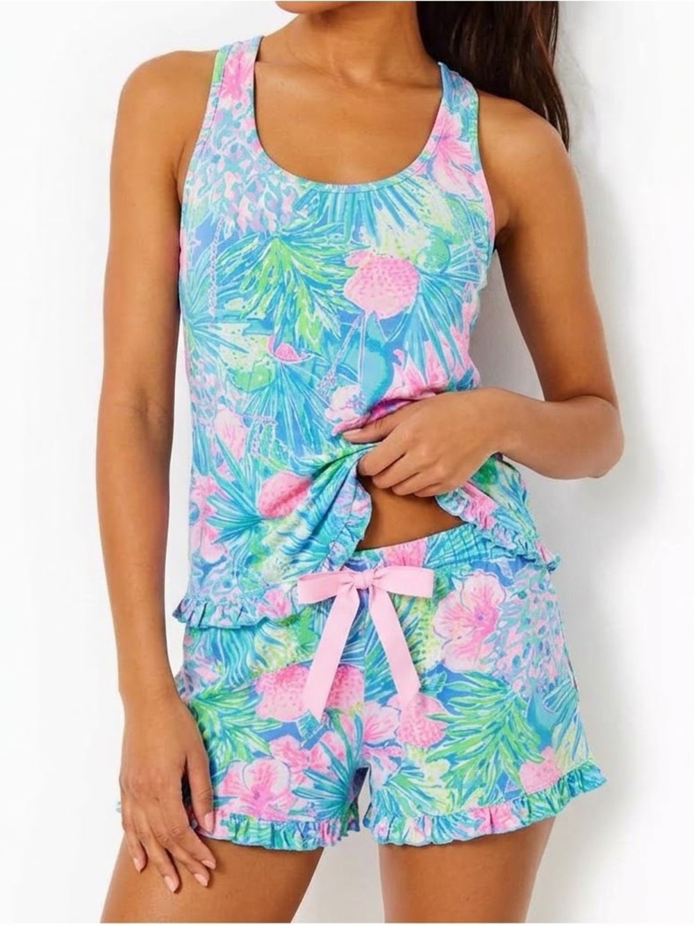 Lilly Pulitzer Ruffle Pajama Set Tank Top Shorts Floral Pink Blue Size Small